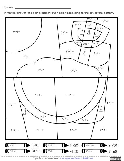 Mystery Pictures - Multiplication Mystery Picture: Summer Scenes 2 (1-10) (Printable PDF Worksheet)