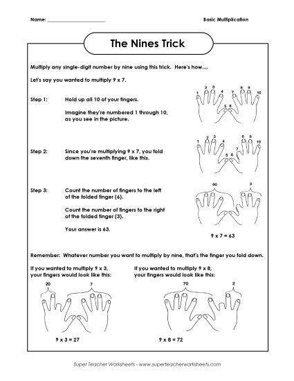 Worksheets and Games - Multiplication Nines Trick (Printable PDF Worksheet)