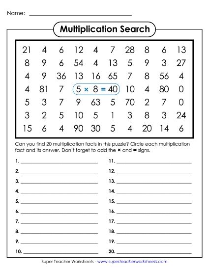 Worksheets and Games - Multiplication Number Search: 0-10 (Printable PDF Worksheet)