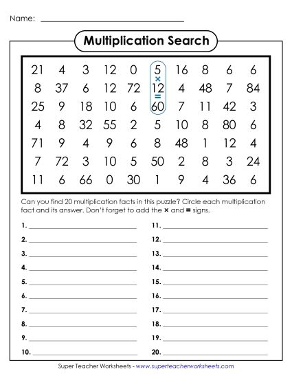 Worksheets, Games, & Task Cards - Multiplication Number Search: 0-12 (Printable PDF Worksheet)