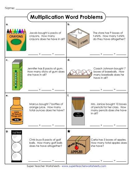 Worksheets and Games - Multiplication Picture Word Problems (Printable PDF Worksheet)
