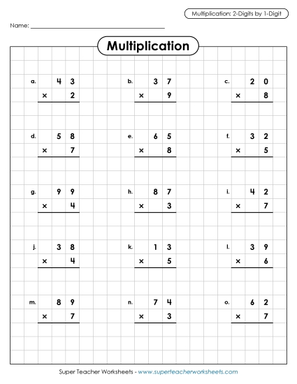 2-Digit Times 1-Digit Worksheets - Multiplication Practice: 2-digit by 1-digit (Printable PDF Worksheet)