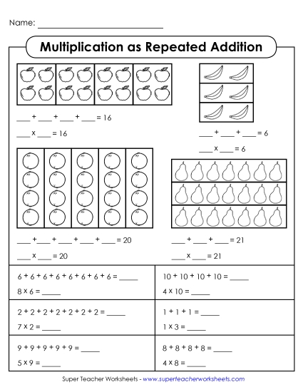Groups as Repeated Addition - Multiplication Practice as Repeated Addition (Printable PDF Worksheet)