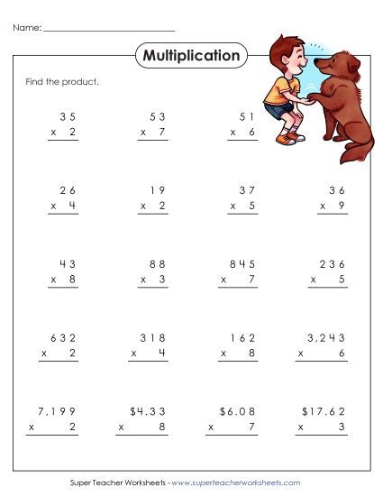 3-Digit Times 1-Digit Printables - Multiplication (Printable PDF Worksheet)