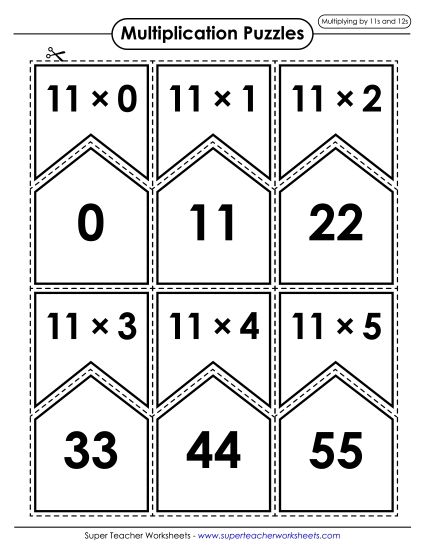 Multiplication by 11s Only - Multiplication Puzzle Match (11s and 12s Only) (Printable PDF Worksheet)