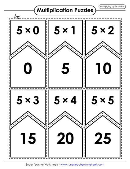 Multiplication by 5s Only - Multiplication Puzzle Match (5s and 6s Only) (Printable PDF Worksheet)