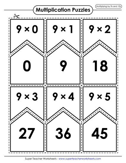 Multiplication by 9s Only - Multiplication Puzzle Match (9s and 10s Only) (Printable PDF Worksheet)
