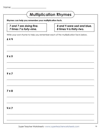 Worksheets and Games - Multiplication Rhymes (Printable PDF Worksheet)