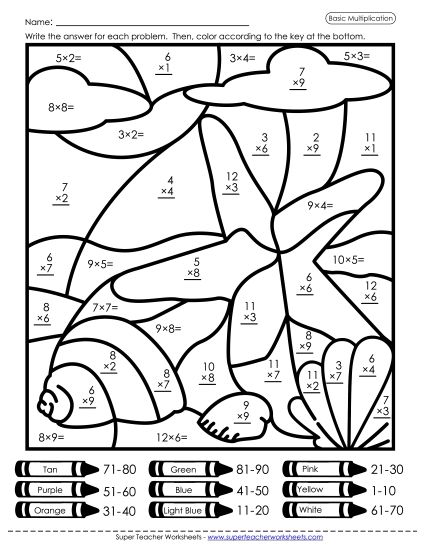 Multiplication - Multiplication: Sea Shells (1-12) (Printable PDF Worksheet)