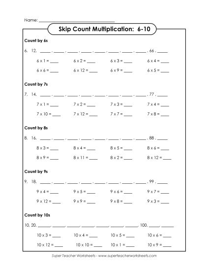 Worksheets and Games - Multiplication Skip Count (6-10) (Printable PDF Worksheet)