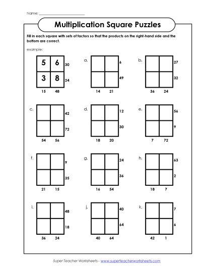 Worksheets and Games - Multiplication Squares Puzzle (Basic Facts 0-9) (Printable PDF Worksheet)