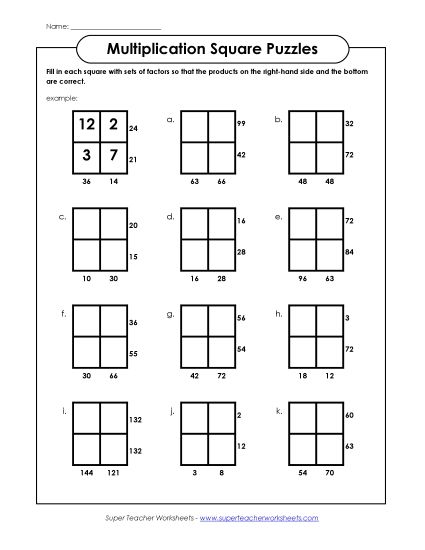 Worksheets, Games, & Task Cards - Multiplication Squares Puzzle (Facts 0-12) (Printable PDF Worksheet)