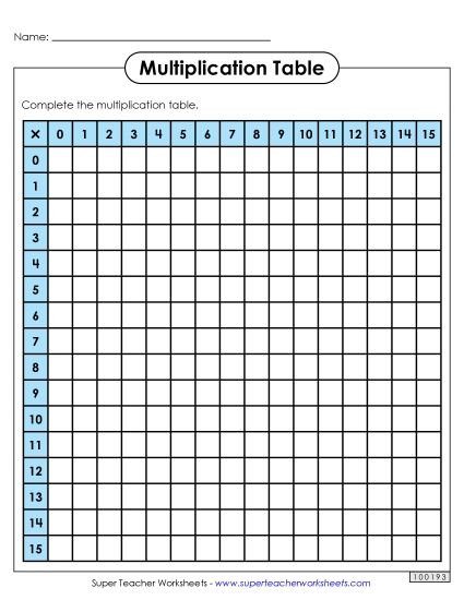 Multiplication 0-15 - Multiplication Table: Blank (0-15) (Printable PDF Worksheet)