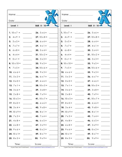Timed Quizzes - Multiplication Timed Quiz 0 - 10 (Printable PDF Worksheet)