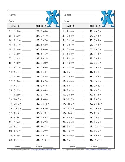 Timed Quizzes - Multiplication Timed Quiz 0 - 2 (Printable PDF Worksheet)