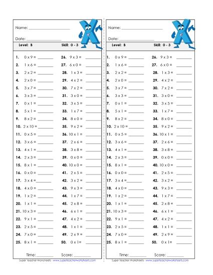 Timed Quizzes - Multiplication Timed Quiz 0 - 3 (Printable PDF Worksheet)