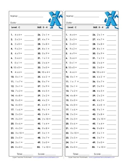 Timed Quizzes - Multiplication Timed Quiz 0 - 4 (Printable PDF Worksheet)