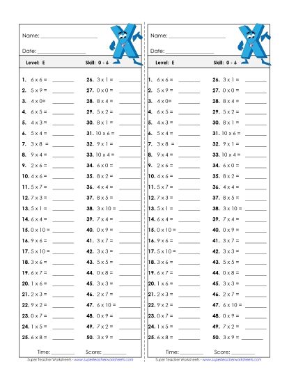 Timed Quizzes - Multiplication Timed Quiz 0 - 6 (Printable PDF Worksheet)