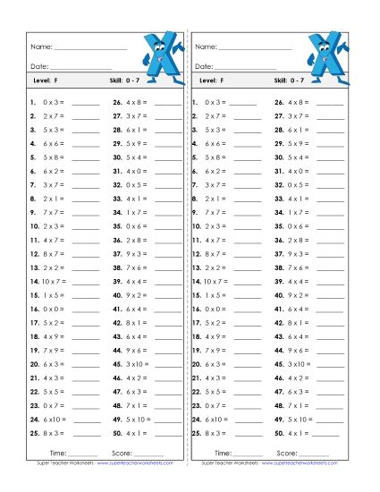 Timed Quizzes - Multiplication Timed Quiz 0 - 7 (Printable PDF Worksheet)