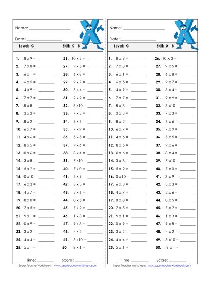 Timed Quizzes - Multiplication Timed Quiz 0 - 8 (Printable PDF Worksheet)
