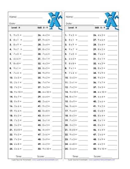 Timed Quizzes - Multiplication Timed Quiz 0 - 9 (Printable PDF Worksheet)