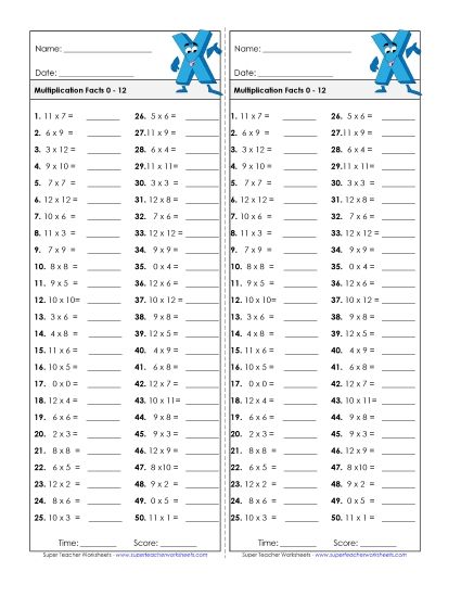 Timed Quizzes - Multiplication Timed Quiz #2 Factors 0 through 12 (Printable PDF Worksheet)