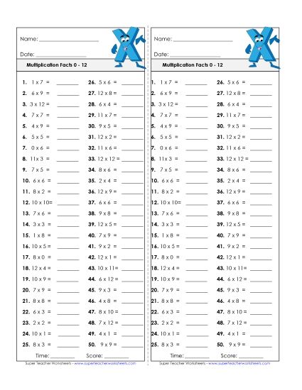 Timed Quizzes - Multiplication Timed Quiz #3 Factors 0 through 12 (Printable PDF Worksheet)