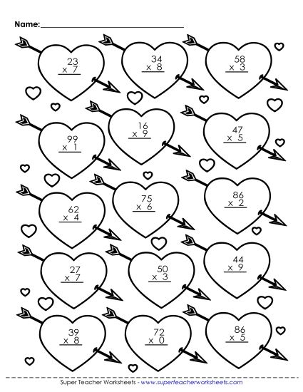 Valentine Multiplication - Multiplication: Valentine Math Picture (Printable PDF Worksheet)