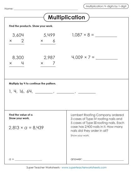 4-Digit Times 1-Digit Worksheets - Multiplication Variety: 4-digit by 1-digit (Printable PDF Worksheet)