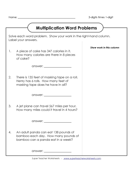 Multiplication - Multiplication Word Problem Practice: 3-digit by 1 digit Numbers (Printable PDF Worksheet)