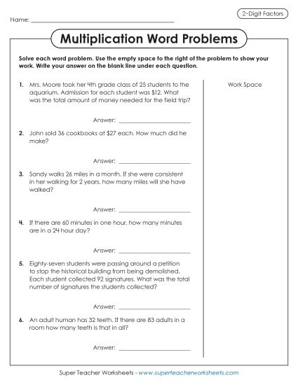 2-Digit Times 2-Digit Worksheets - Multiplication Word Problems (2 Digits by 2 Digits) (Printable PDF Worksheet)