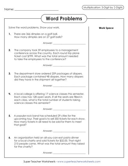 3-Digit Times 2-Digit Worksheets - Multiplication Word Problems: 3 digits by 2 digits (Printable PDF Worksheet)