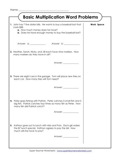 Multiplication - Multiplication Word Problems (Basic Facts) (Printable PDF Worksheet)