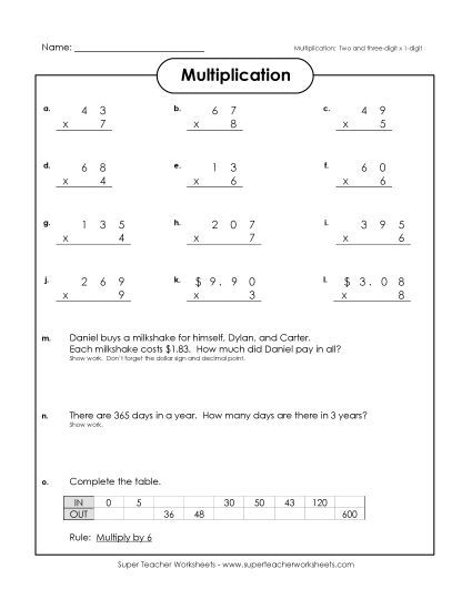 3-Digit Times 1-Digit Printables - Multiplication&nbsp; Practice (Printable PDF Worksheet)