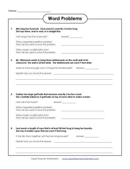 Worksheets and Games - Multiplication/Measurement Word Problems (Printable PDF Worksheet)