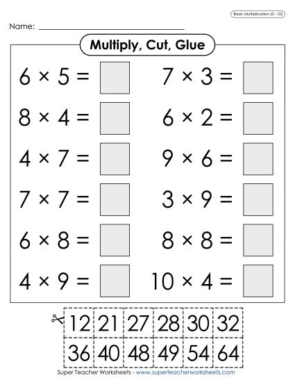 Worksheets and Games - Multiply, Cut, Glue (0-10) (Printable PDF Worksheet)