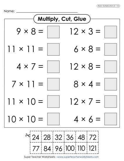 Worksheets, Games, & Task Cards - Multiply, Cut, Glue (0-12) (Printable PDF Worksheet)