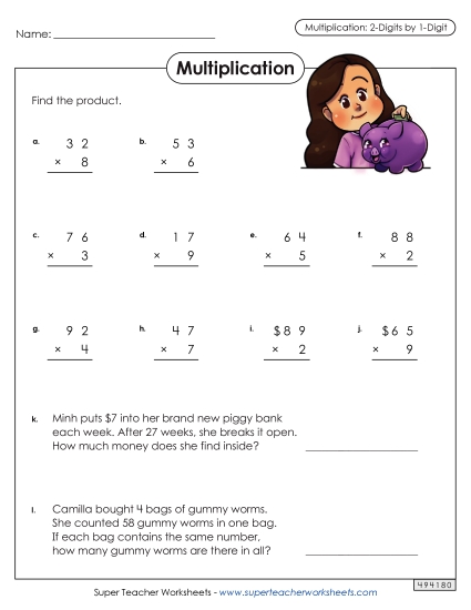 2-Digit Times 1-Digit Worksheets - Multiplying 2-Digit by 1-Digit Numbers (Printable PDF Worksheet)