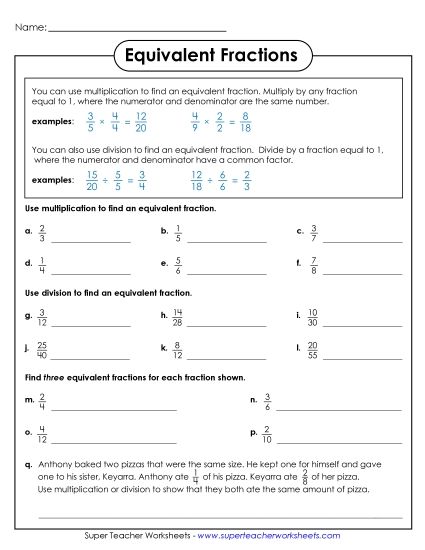 Equivalent Fractions - Multiplying & Dividing to Find Equivalent Fractions (Printable PDF Worksheet)