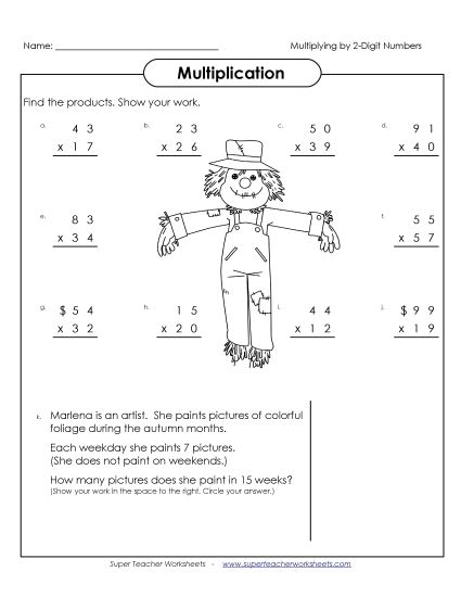 Multiplication - Multiplying by 2-Digit Numbers (Printable PDF Worksheet)