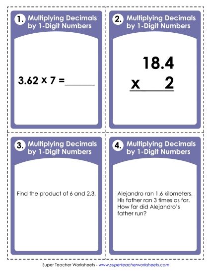 Fractions, Mixed Numbers, and Decimals - Multiplying Decimals by 1-Digit Numbers (Printable PDF Worksheet)