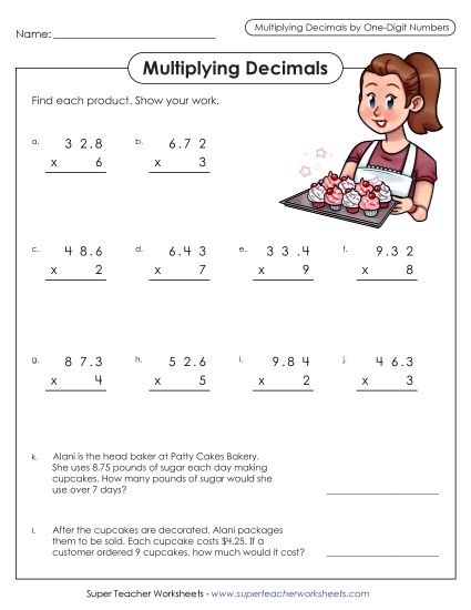 Multiplying Decimals By 1-Digit Numbers - Multiplying Decimals by 1-Digit Numbers (Printable PDF Worksheet)