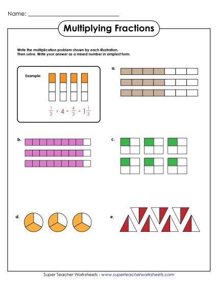 Multiplying Fractions by Whole Numbers - Multiplying Fractions by Whole Numbers (with Diagrams) (Printable PDF Worksheet)