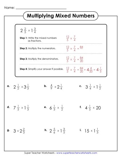 Multiplying Mixed Numbers - Multiplying Mixed Numbers (Introduction) (Printable PDF Worksheet)