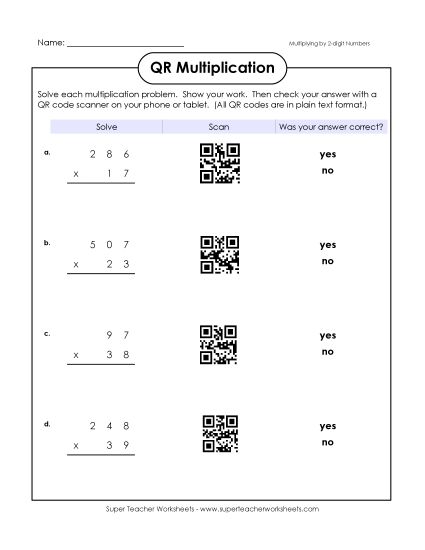 Multiplication - Multiplying with QR Codes (3-Digit by 2-Digit) (Printable PDF Worksheet)