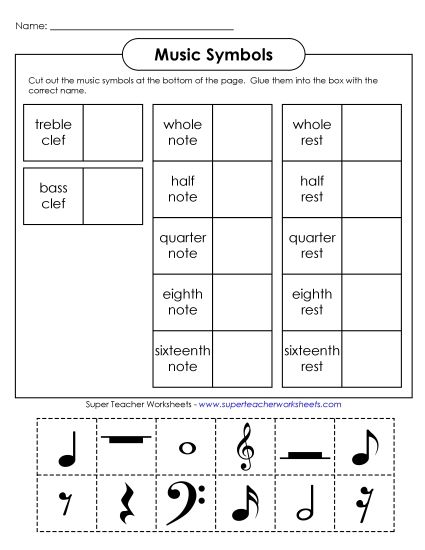 Music Notes & Symbols - Music Cut-and-Glue (Intermediate) (Printable PDF Worksheet)