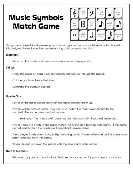 Music Notes & Symbols - Music Memory Match Game (Printable PDF Worksheet)