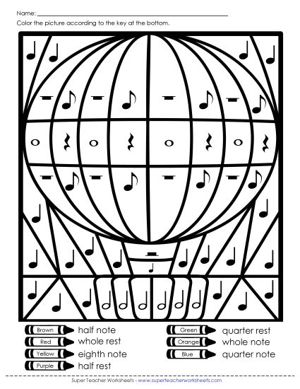 Music Notes & Symbols - Music Mystery Picture (Hot Air Balloon) (Printable PDF Worksheet)