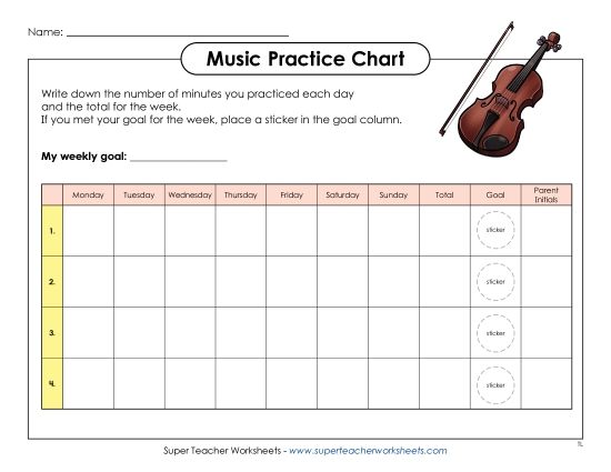 Music Practice Charts - Music Practice Chart 3 (Printable PDF Worksheet)