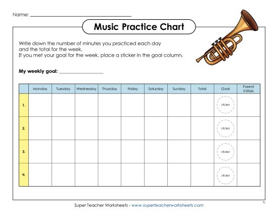 Music Practice Charts - Music Practice Sticker Chart 2 (Printable PDF Worksheet)